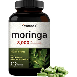 Naturebell Pure Moringa Capsules 8000Mg - 240 Capsules | Green Superfood, Skin Health & Immune Support