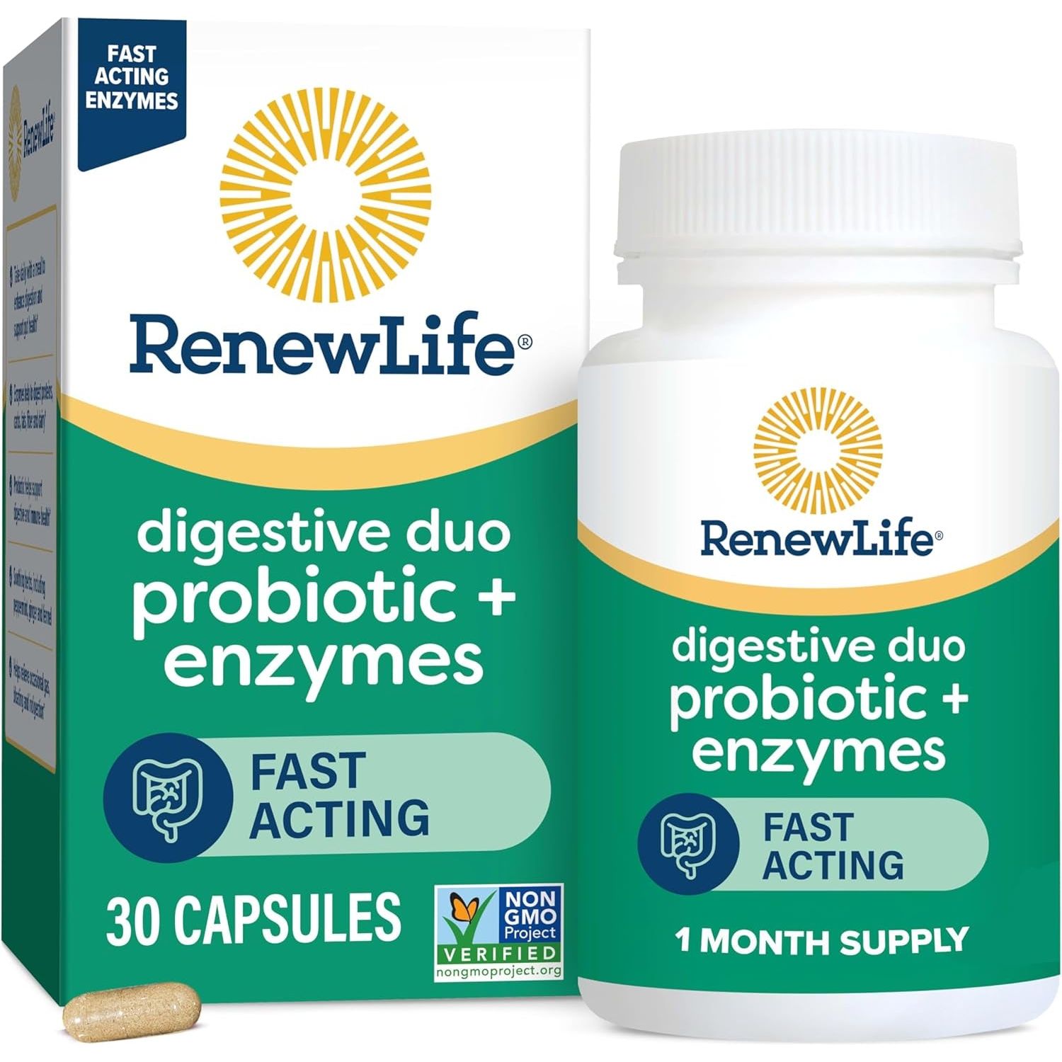 Renew Life Digestive Duo Probiotic and Enzymes Vegetarian Capsules To Promote Digestive Health - 30 Count