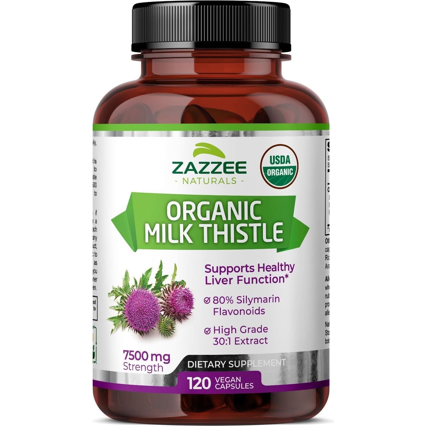 Zazzee USDA Organic Milk Thistle 30:1 Extract, 7500 Mg Strength, 120 Vegan Capsules
