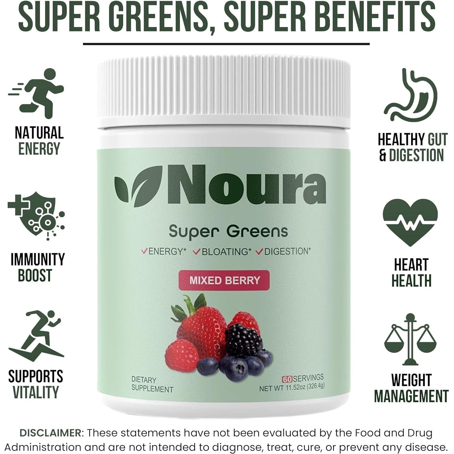Super Greens Powder - Immunity, Digestive Enzymes & Probiotics for Energy, Gut Health, Bloating Relief for Women 60 Servings