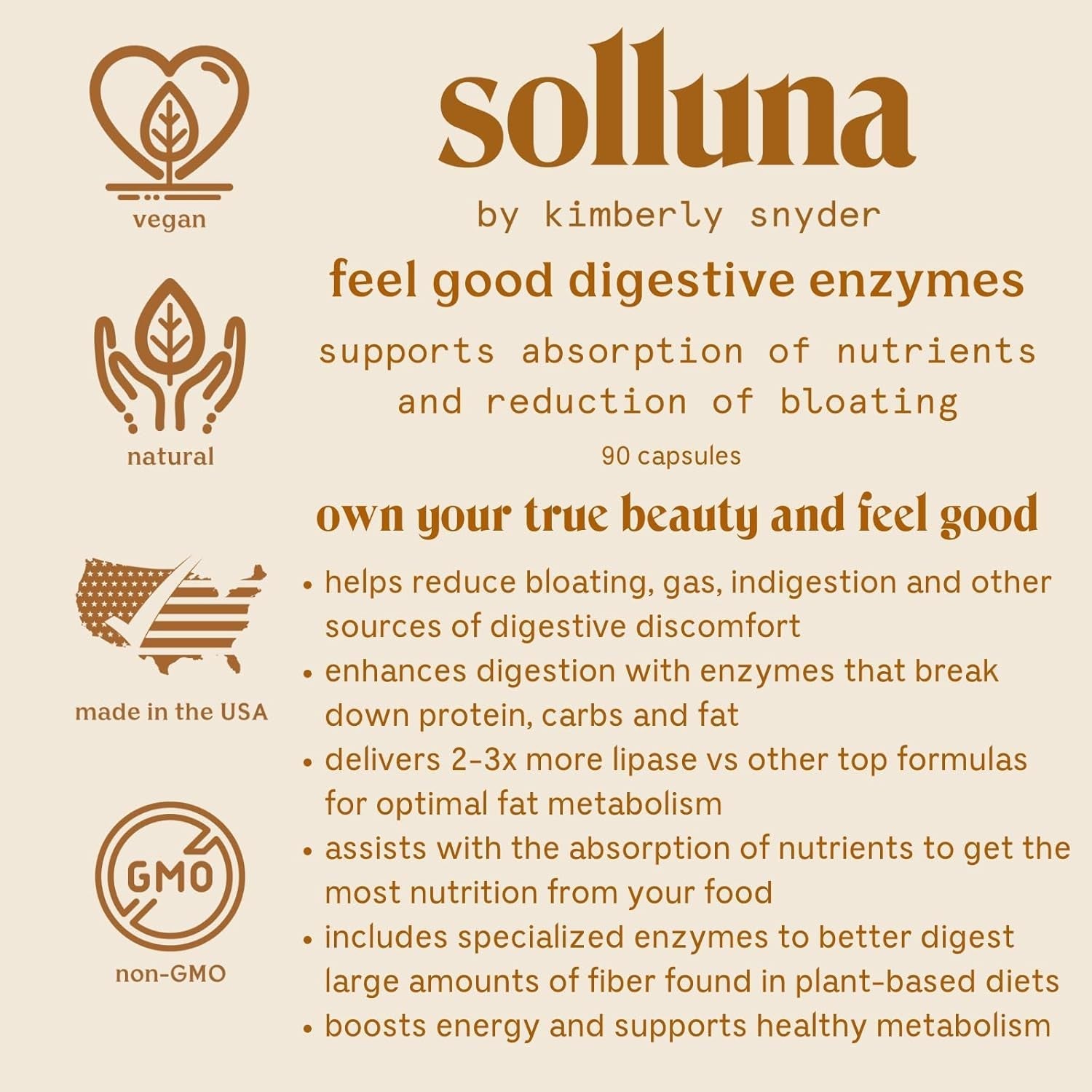 Solluna by Kimberly Snyder Feel Good Digestive Enzymes Digestion & Nutrient Absorption Aid for Stomach Pain, Gas & Bloating