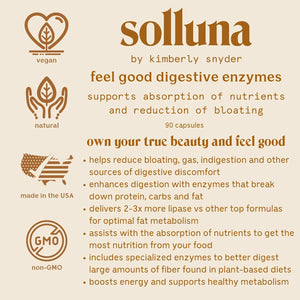 Solluna by Kimberly Snyder Feel Good Digestive Enzymes Digestion & Nutrient Absorption Aid for Stomach Pain, Gas & Bloating