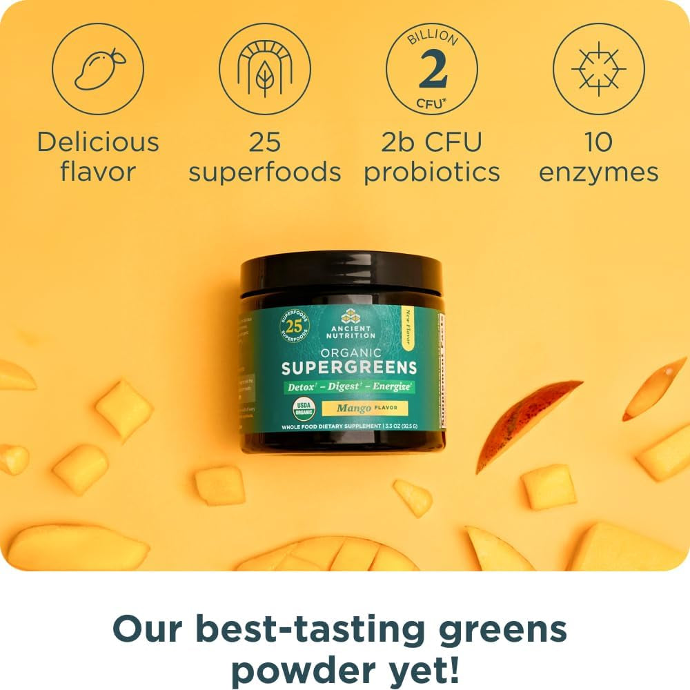 Ancient Nutrition Supergreens Powder with Probiotics - Digestive and Energy Support, 12 Servings, 3.3Oz