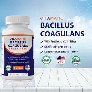 Vitamatic Bacillus Coagulans Shelf Stable Probiotic Supplement - Promote GI Digestive Health - 60 Capsules