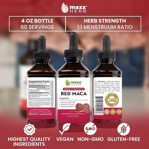 Maxx Herb Red Maca Root Extract - Max Strength Liquid Drops, for Stamina, Memory and Focus - 4 Oz Bottle (60 Servings)