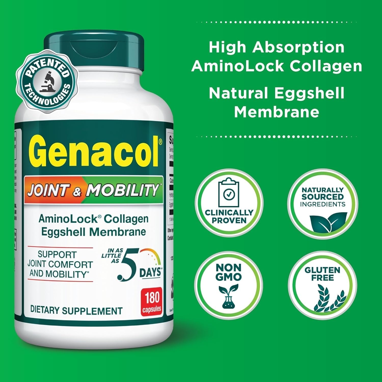 Genacol Natural Eggshell Membrane & Collagen Peptides Supplement for Joint Comfort & Flexibility 180 Capsules
