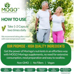 MOGO Organic Moringa Powder Capsules, for Energy, Immunity & Joint Health, 180 Count