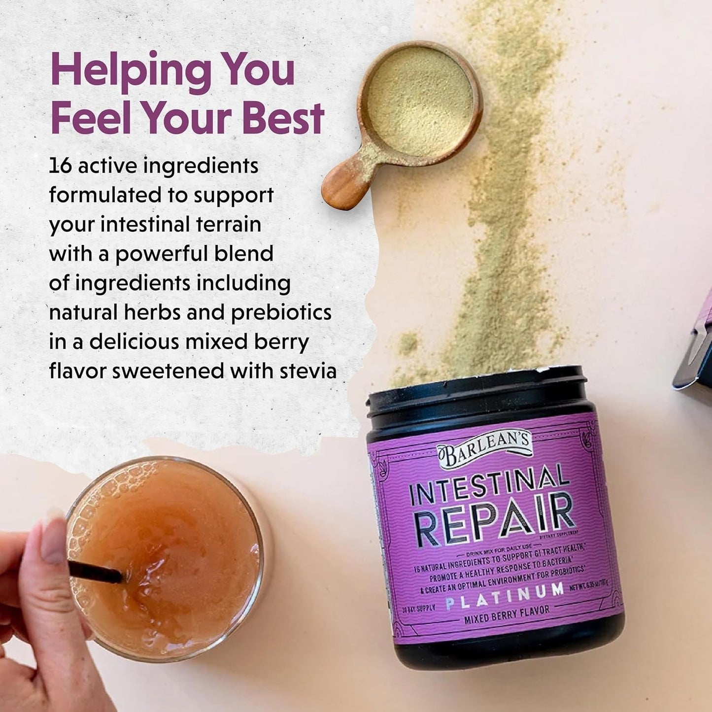 Barlean’S Intestinal Repair Gut Health Powder with 16 Digestive Supplements 6.35 Oz