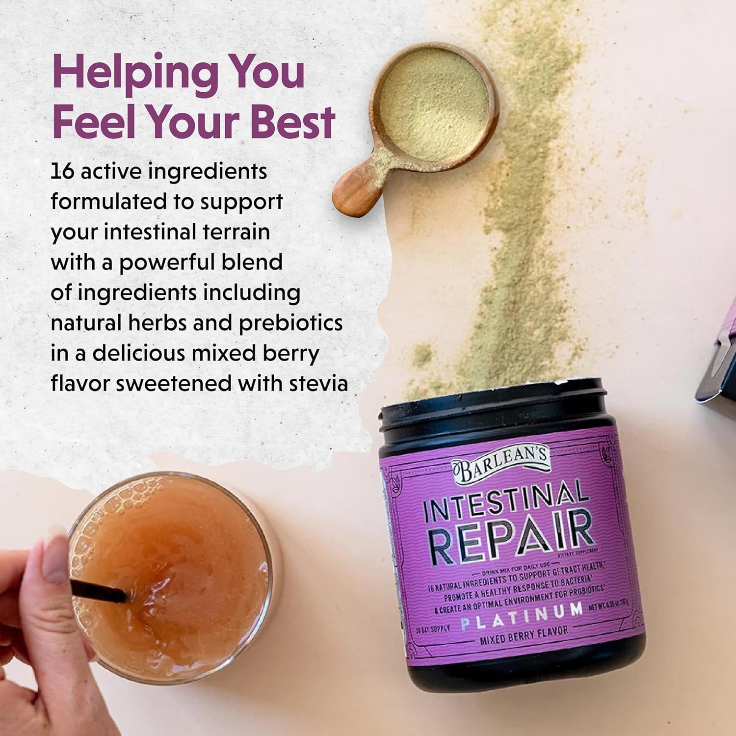 Barlean’S Intestinal Repair Gut Health Powder with 16 Digestive Supplements 6.35 Oz