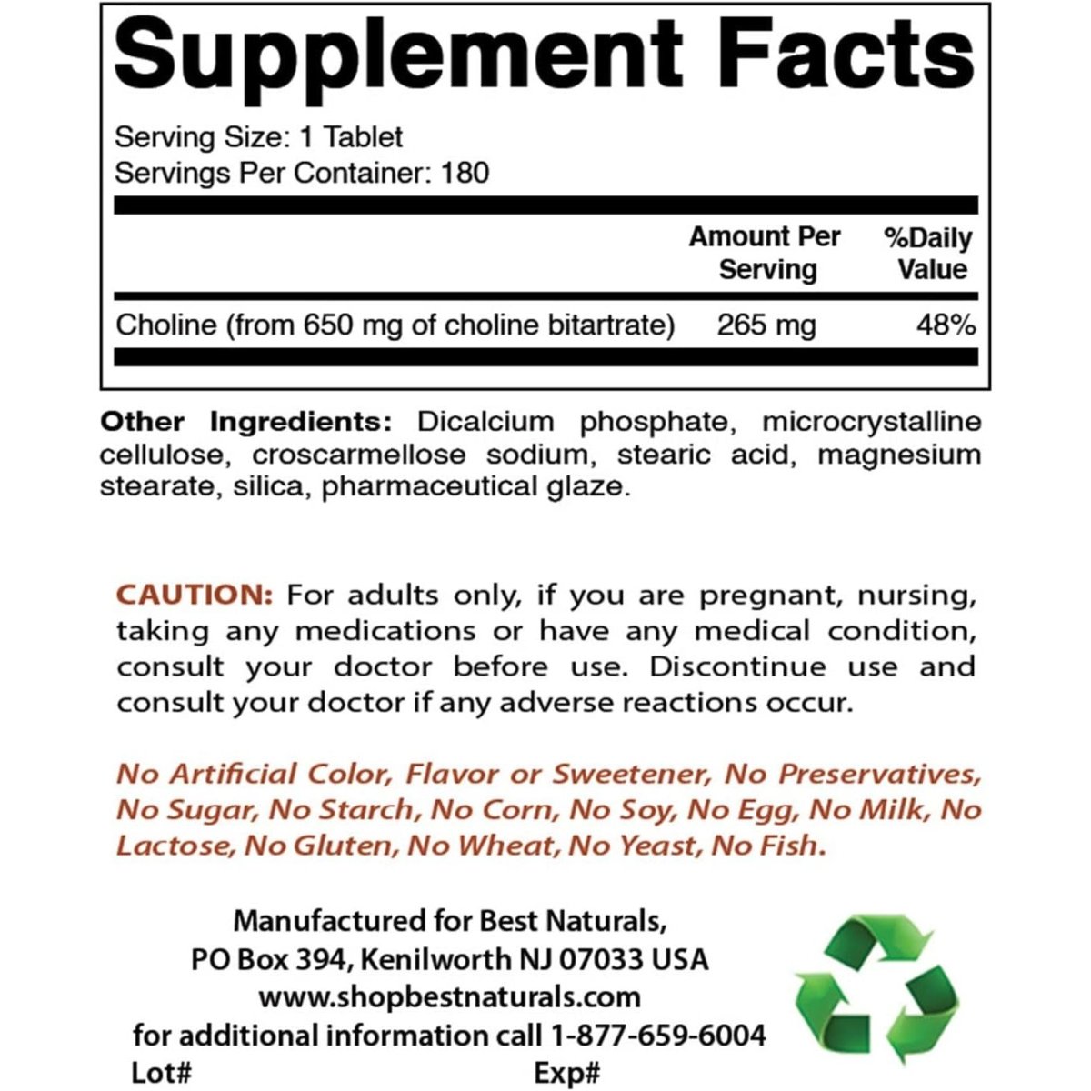 Best Naturals Choline Bitartrate 650 Mg (Non - Gmo) for Healthy Cognitive Brain Function 180 Tablets - Suppviv