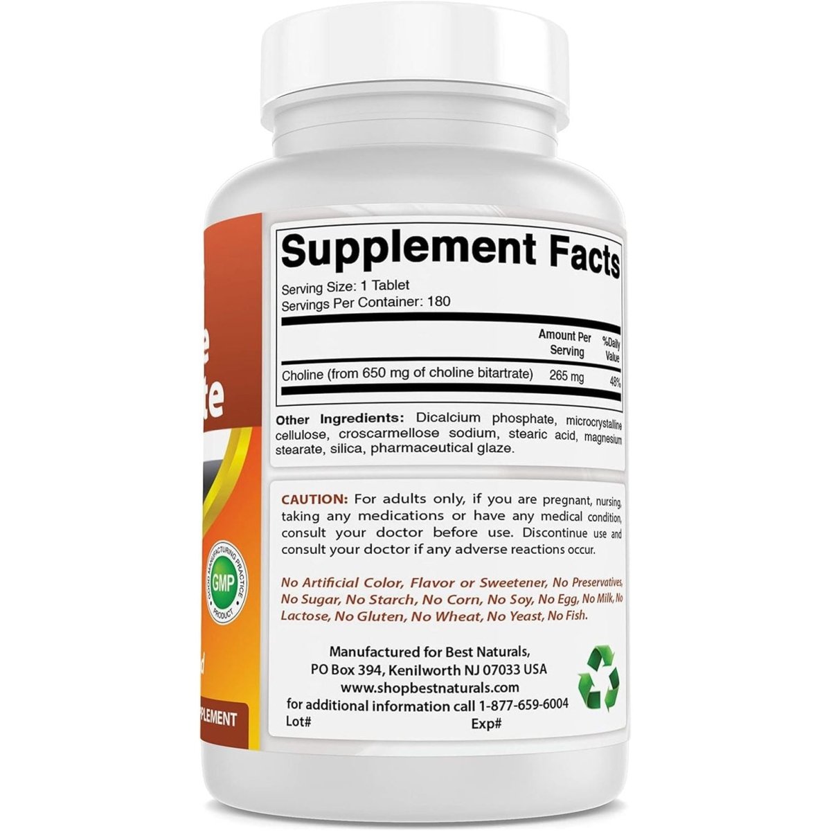 Best Naturals Choline Bitartrate 650 Mg (Non - Gmo) for Healthy Cognitive Brain Function 180 Tablets - Suppviv