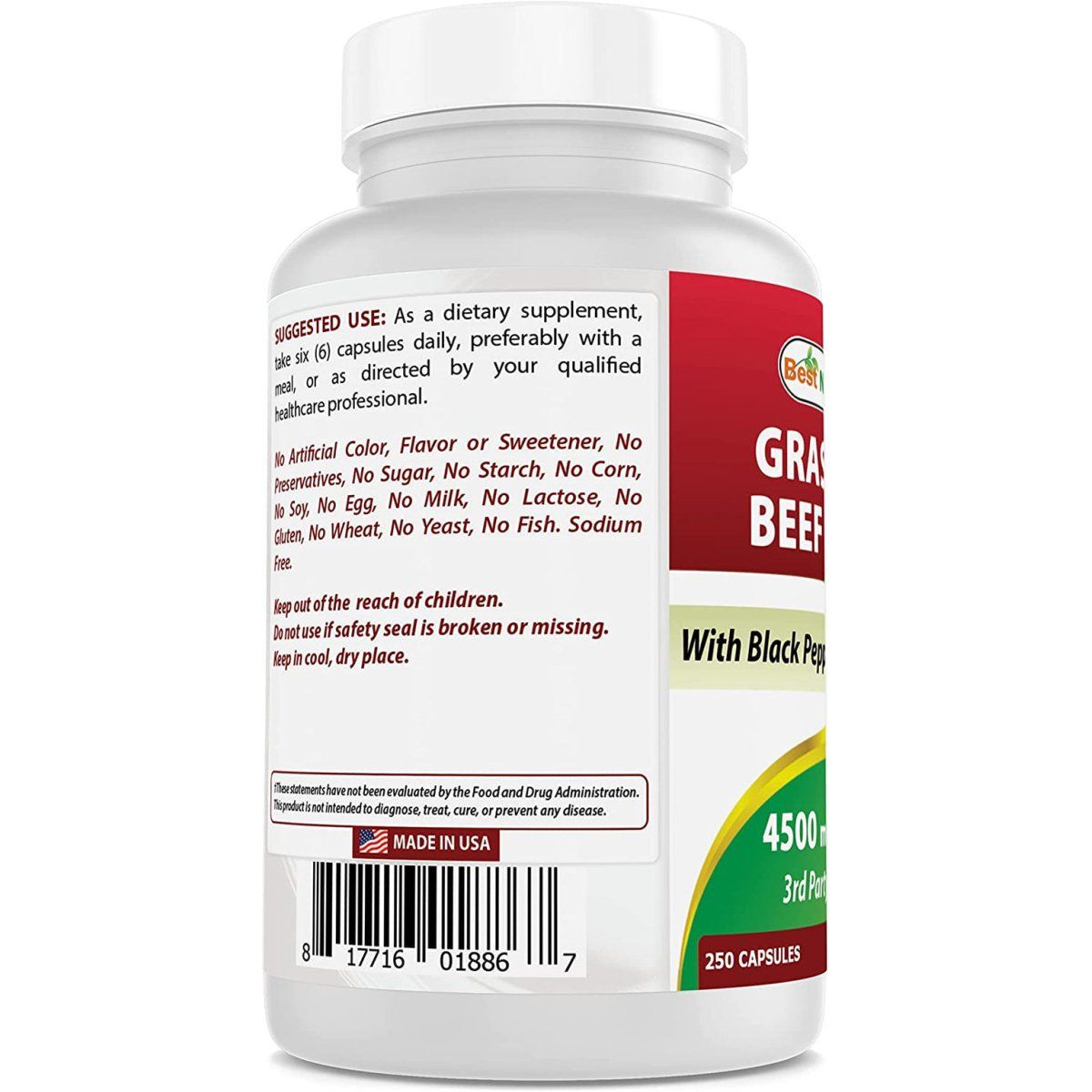 Best Naturals Grass Fed Beef Liver Capsules 4500Mg 250 Count - Suppviv