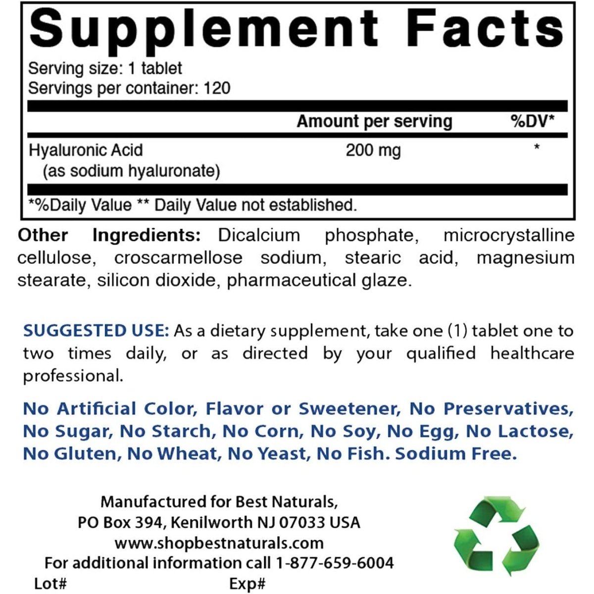Best Naturals Hyaluronic Acid 200 Mg 120 Tablets (Non - Gmo, Gluten Free) - Suppviv
