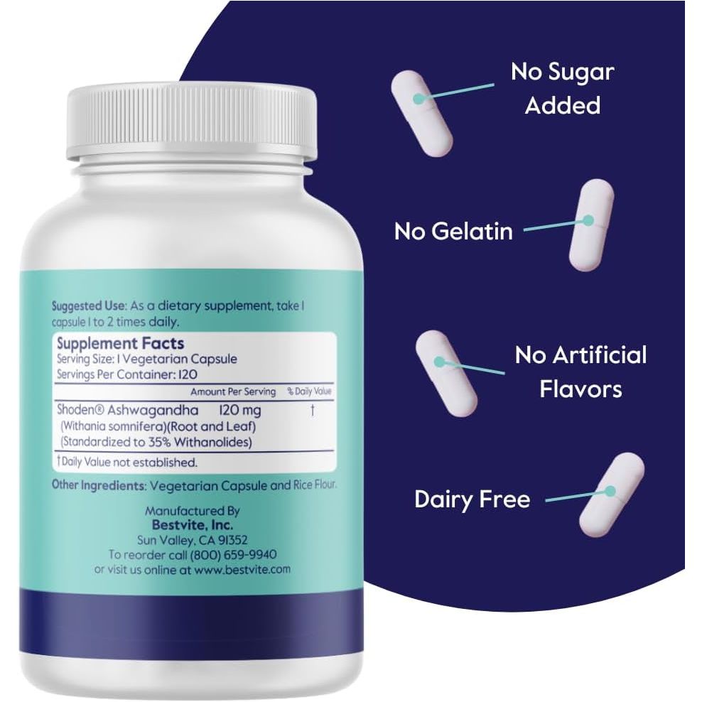 BESTVITE Advanced Ashwagandha 120Mg W/Shoden (120 Vegetarian Capsules) - Suppviv