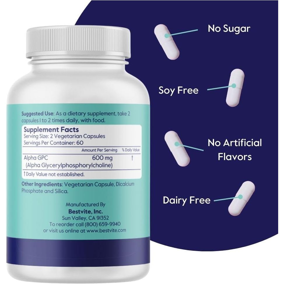 BESTVITE Alpha GPC Choline 600Mg per Serving (120 Veggie Capsules) - No Stearates - Vegan - Non GMO - Gluten Free - Suppviv