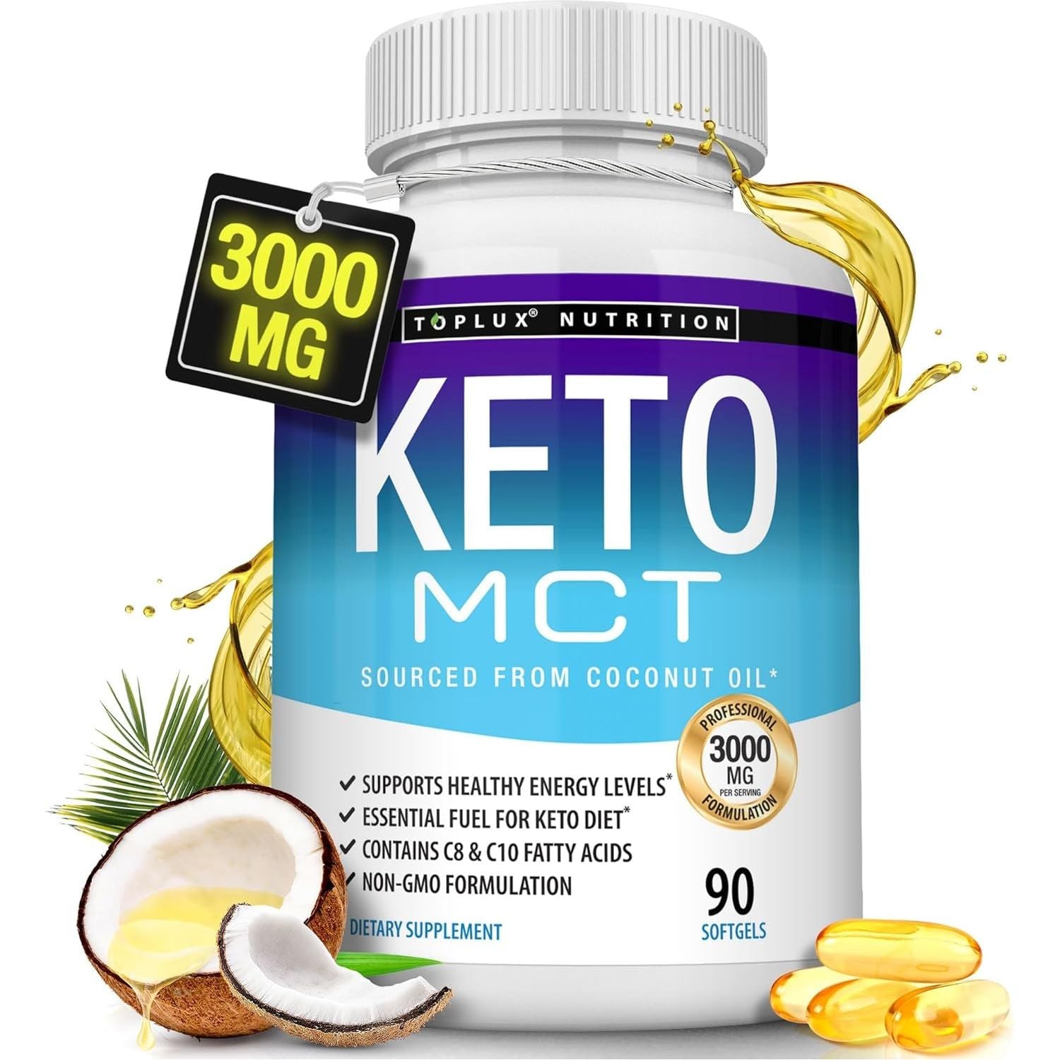 Toplux Keto MCT Oil Capsules - 3000Mg Natural Pure Coconut Oil Extract Pills, 90 Softgels