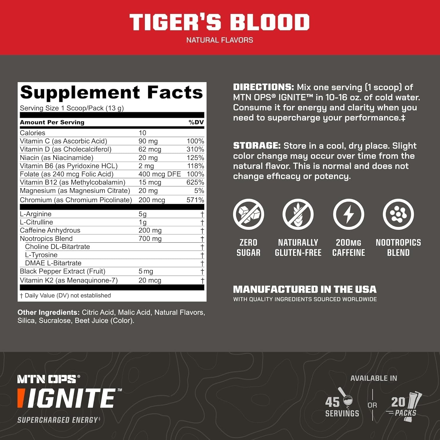 MTN OPS Ignite Supercharged Energy Drink Mix 45-Serving Tub, Tiger'S Blood