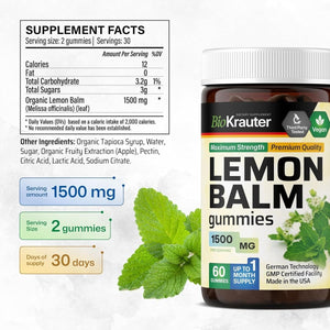 BIO KRAUTER Lemon Balm Gummies - 1500 Mg Strength - 60 Vegan Chews - Suppviv