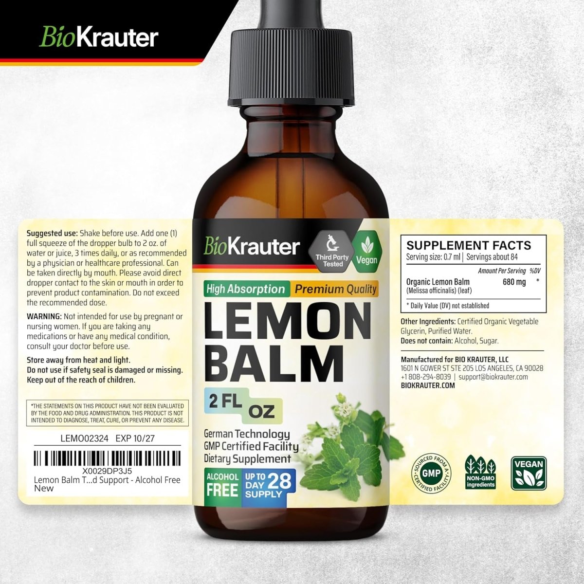 BIO KRAUTER Lemon Balm Leaf Extract - Calmness Support 2 Fl. Oz - Suppviv