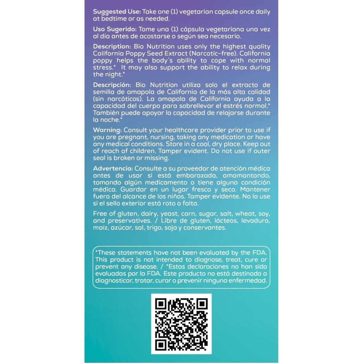 Bio Nutrition California Poppy Herbal Supplement 60 Vegetarian Capsules - Suppviv