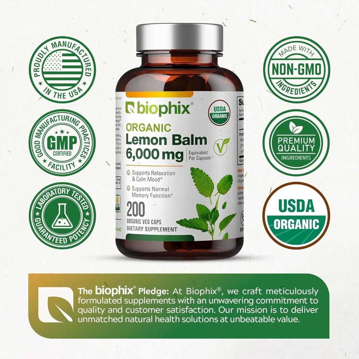 Biophix Lemon Balm Capsules USDA Organic 20:1 Extract 300 Mg 200 Veggie Caps - Suppviv