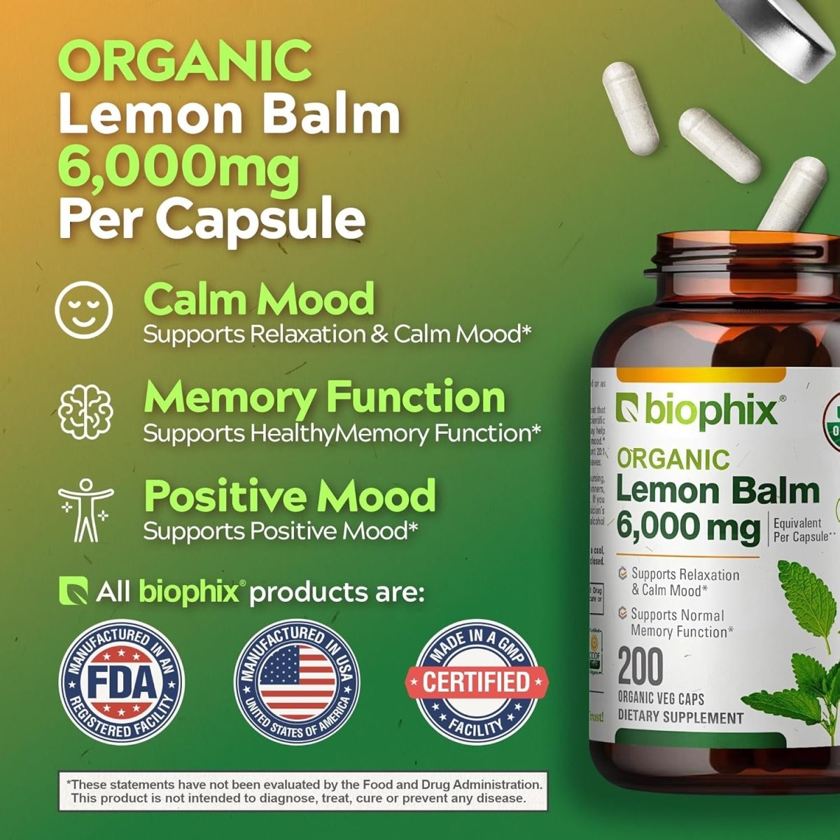 Biophix Lemon Balm Capsules USDA Organic 20:1 Extract 300 Mg 200 Veggie Caps - Suppviv