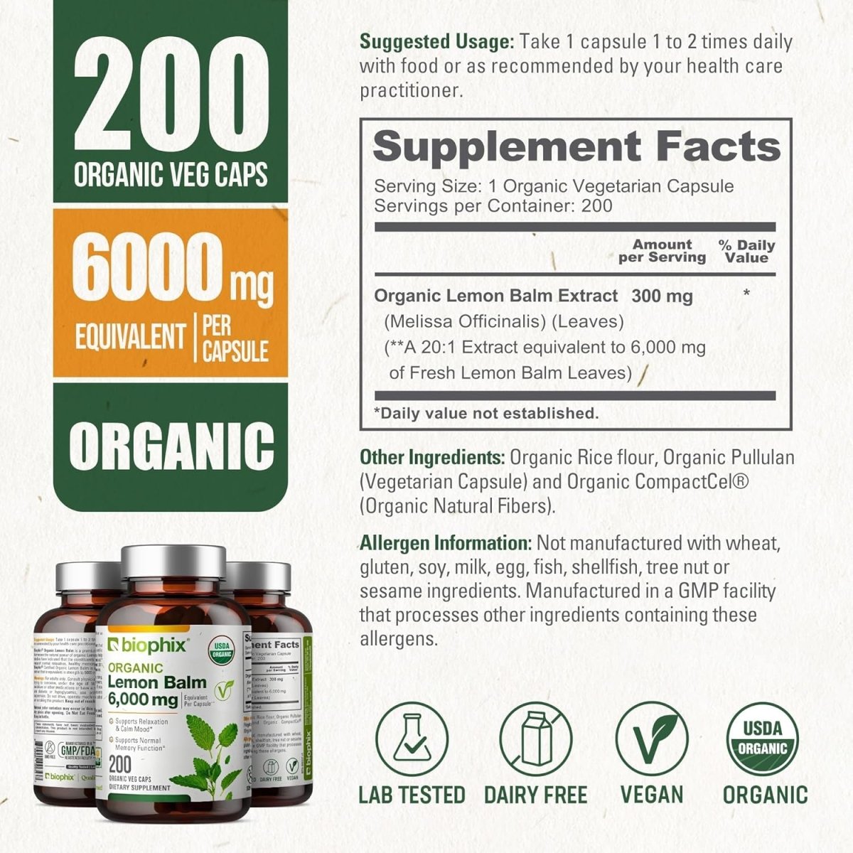 Biophix Lemon Balm Capsules USDA Organic 20:1 Extract 300 Mg 200 Veggie Caps - Suppviv