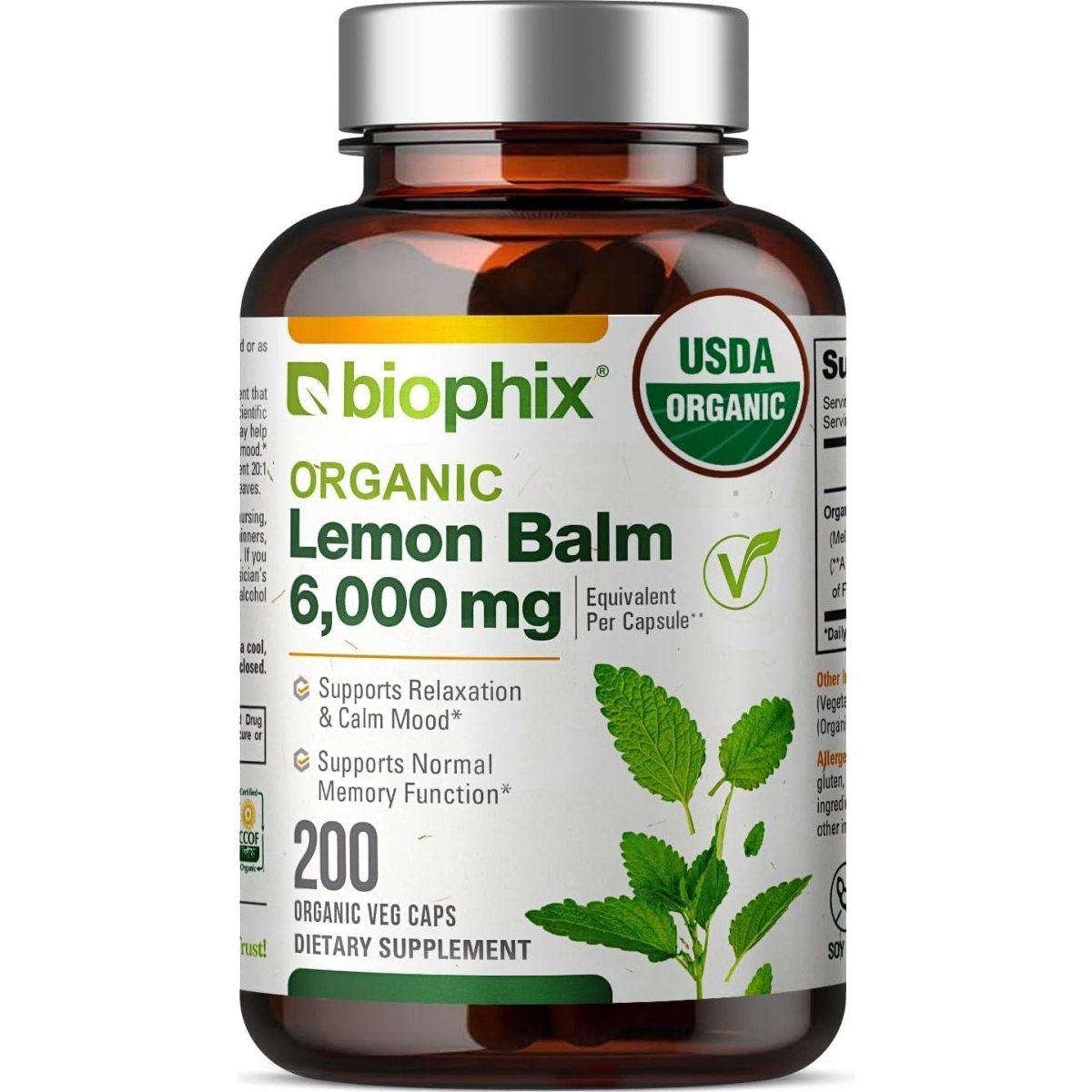 Biophix Lemon Balm Capsules USDA Organic 20:1 Extract 300 Mg 200 Veggie Caps - Suppviv