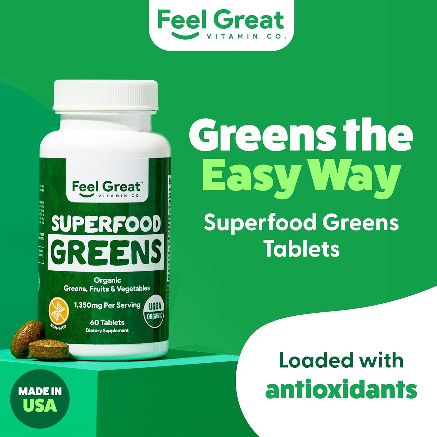 Feel Great Vitamins Super Greens Tablets with Kale, Spinach Extract, Green Onion, and More, 60 Tablets