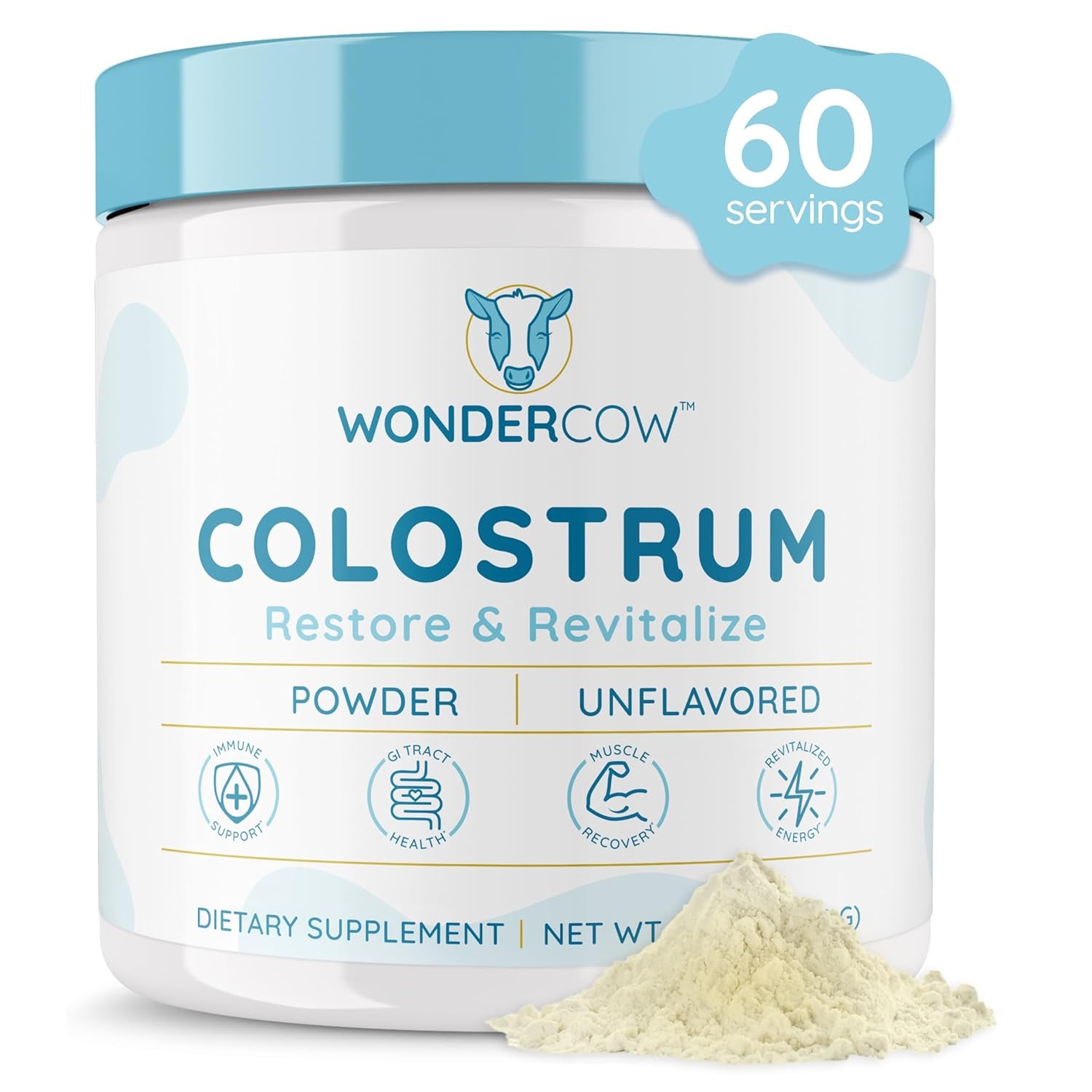 WONDERCOW Colostrum Supplement Powder for Gut Health, Immune Support, Muscle Recovery & Wellness 60 Servings