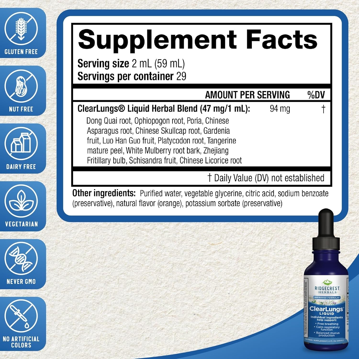 Ridgecrest Herbals Clearlungs Liquid Herbal Wellness Supplement (2 Fl Oz, 29 Servings)