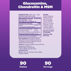 Natrol Glucosamine, Chondroitin and MSM, Dietary Supplement, Joint Health Supplement for Adults, 90 Tablets, 30 Servings