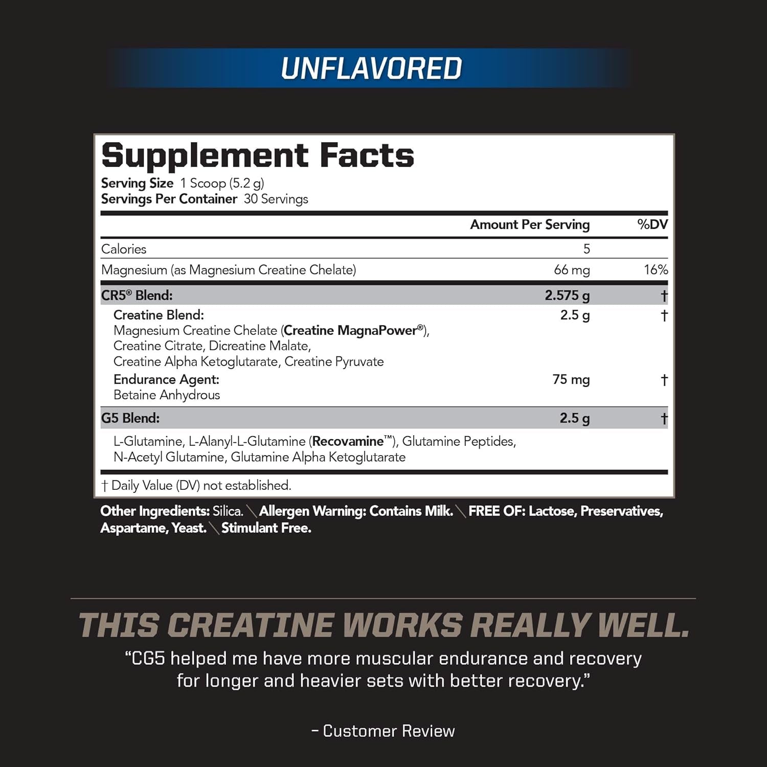 PMD Sports CG5 Premium Creatine & L Glutamine Powder, UNFLAVORED 30 Servings