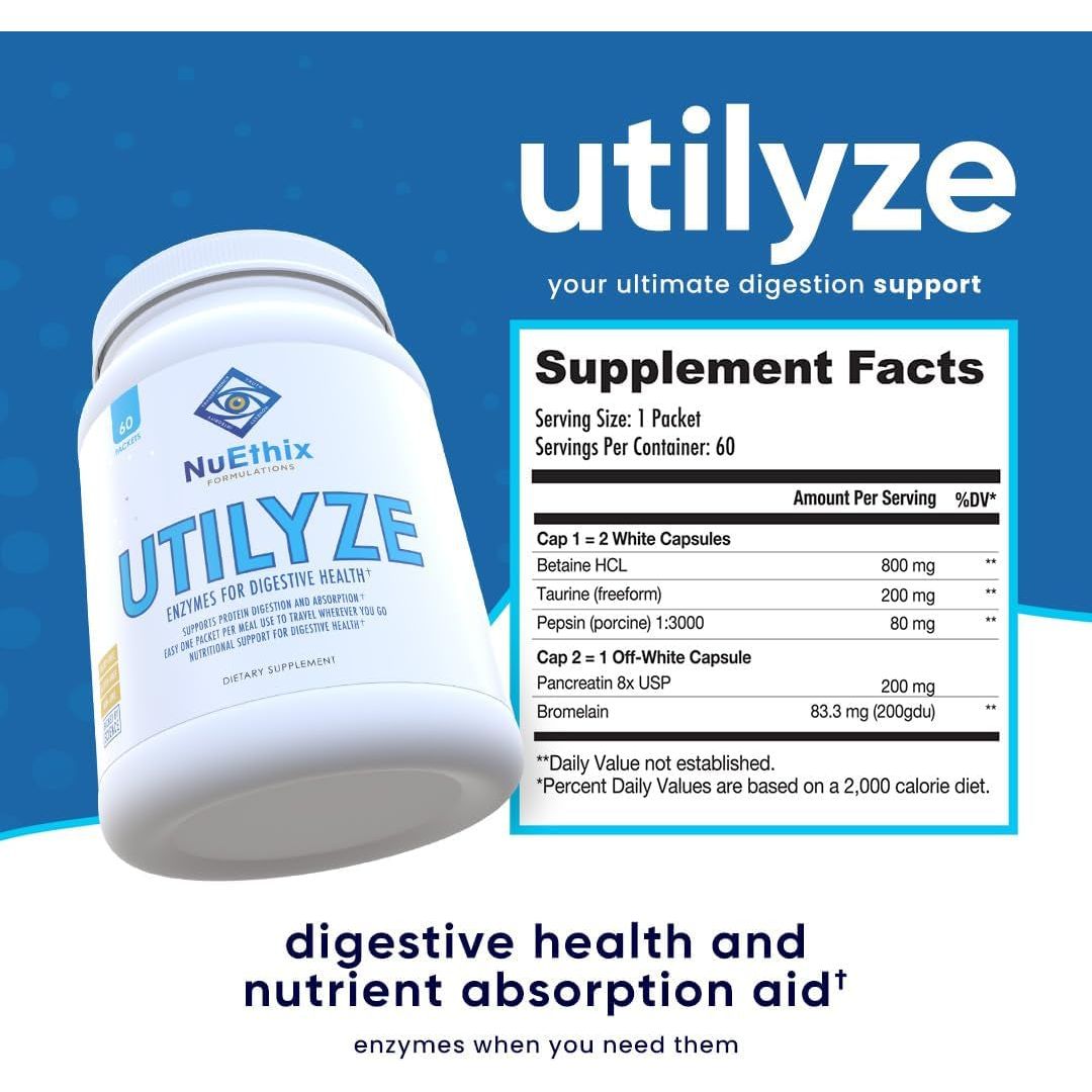 Nuethix Formulations Utilyze Enzymes for Digestive Wellness, Nutrient Absorption, 60 Travel Packets