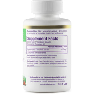 Paradise Herbs, Organic Camu Camu Extract, 400 Mg, Rich in Vitamin C, Pure & Potent, 60 Capsules