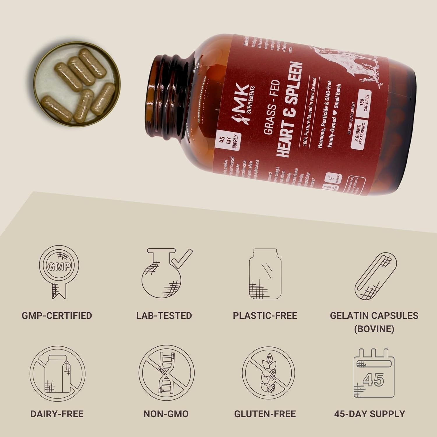MK Supplements – Grass-Fed Heart & Spleen 3000 Mg, Heme Iron, Heart, Immunity, Allergy Support, 180 Capsules