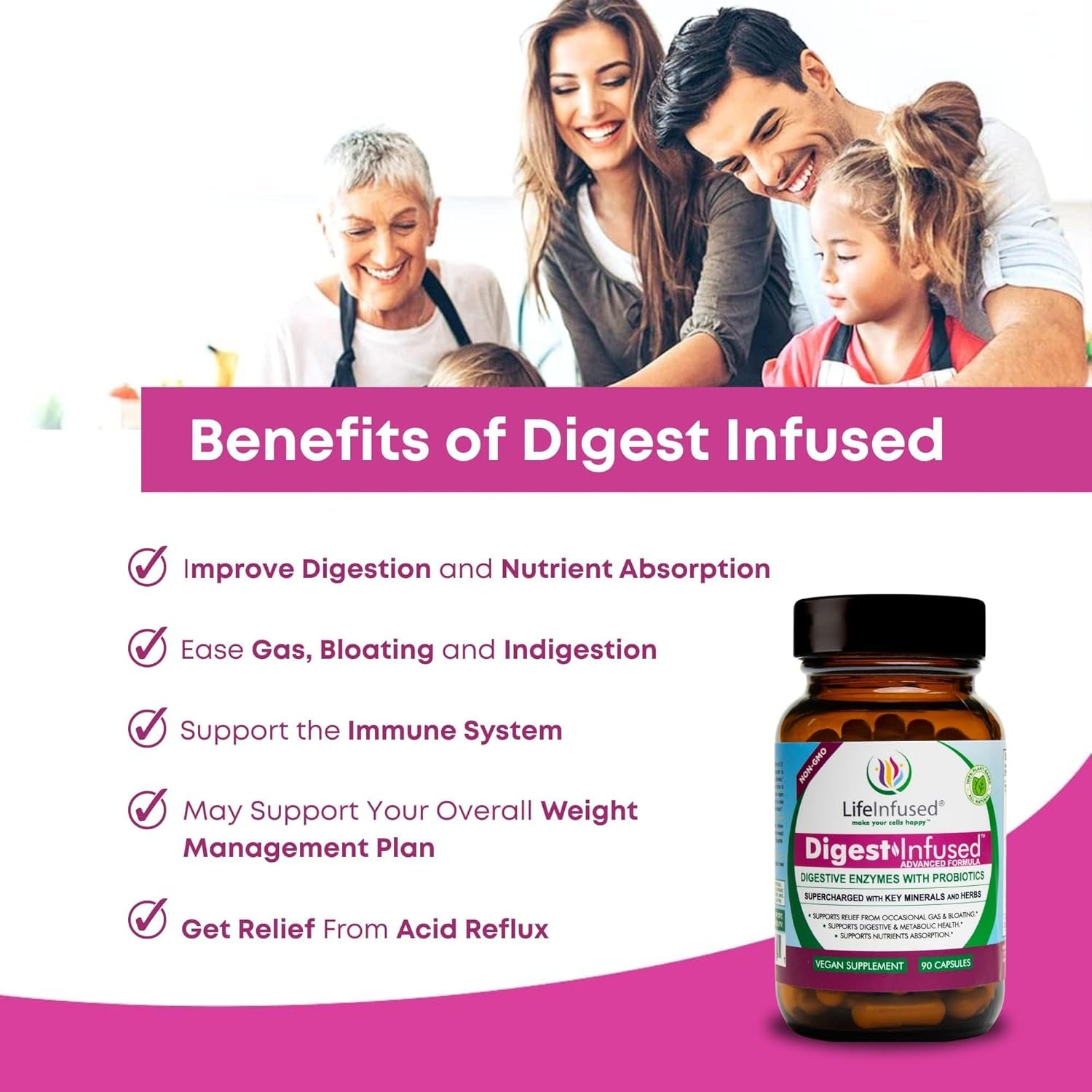 Life Infused - Premium Digestive Enzyme Supplement - Ease Gas & Bloating. 90 Servings.