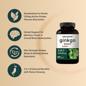 Naturebell Ginkgo Biloba 6,000Mg with Panax Ginseng 500Mg - Promotes Memory, Focus, and Brain Health 300 Capsules