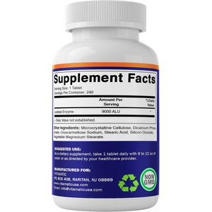 Vitamatic Lactase Enzyme 9000 FCC 240 Tablets - Lactose Intolerance Relief Caplets