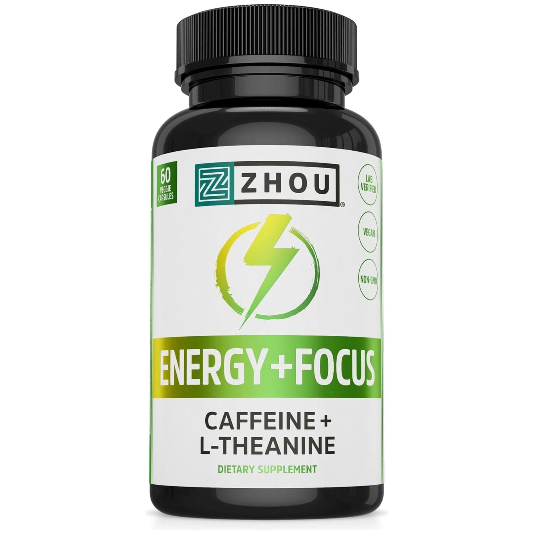 Zhou Natural Caffeine Pills 100Mg with L-Theanine 200Mg, Nootropic Supplement, Clean Energy 60 Capsules