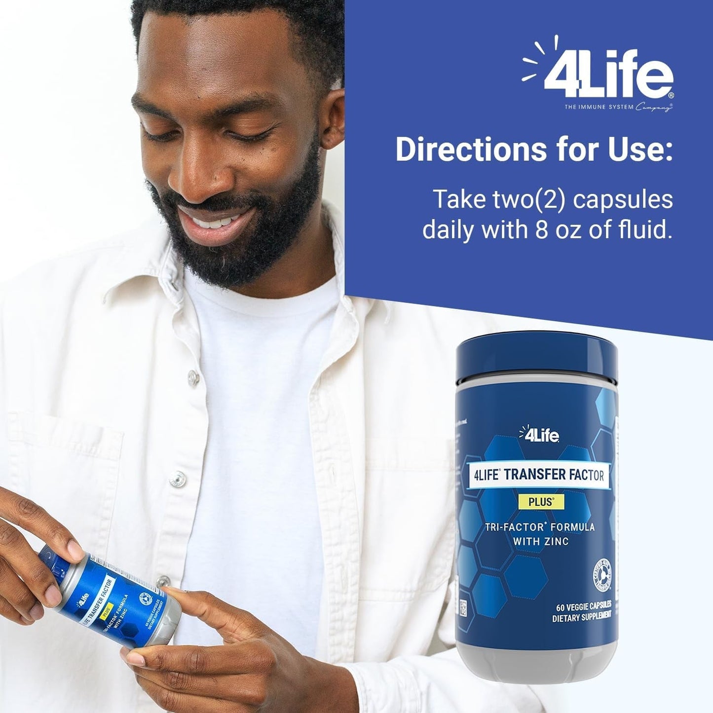 4Life Transfer Factor plus - Support with Zinc, Super Mushroom Blend and Colostrum & Egg Yolk Extracts - 60 Capsules