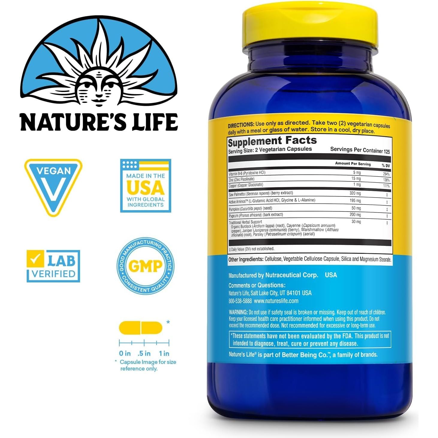 Nature'S Life Prostate Maintain for Men'S Health - Saw Palmetto, Pygeum Herbal Complex and Zinc Supplements - 125 Servings