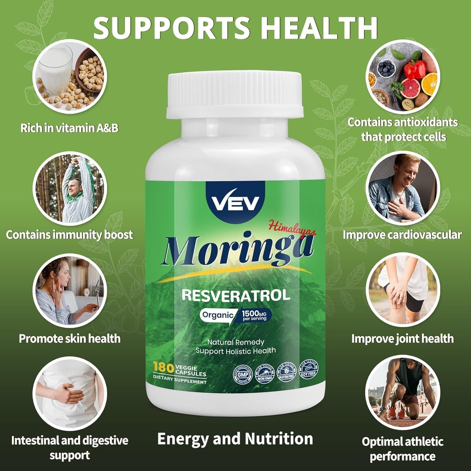VEV Moringa Capsules with Resveratrol 500Mg & Turmeric Curcumin Supplement (180 Counts)