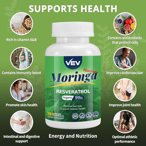 VEV Moringa Capsules with Resveratrol 500Mg & Turmeric Curcumin Supplement (180 Counts)