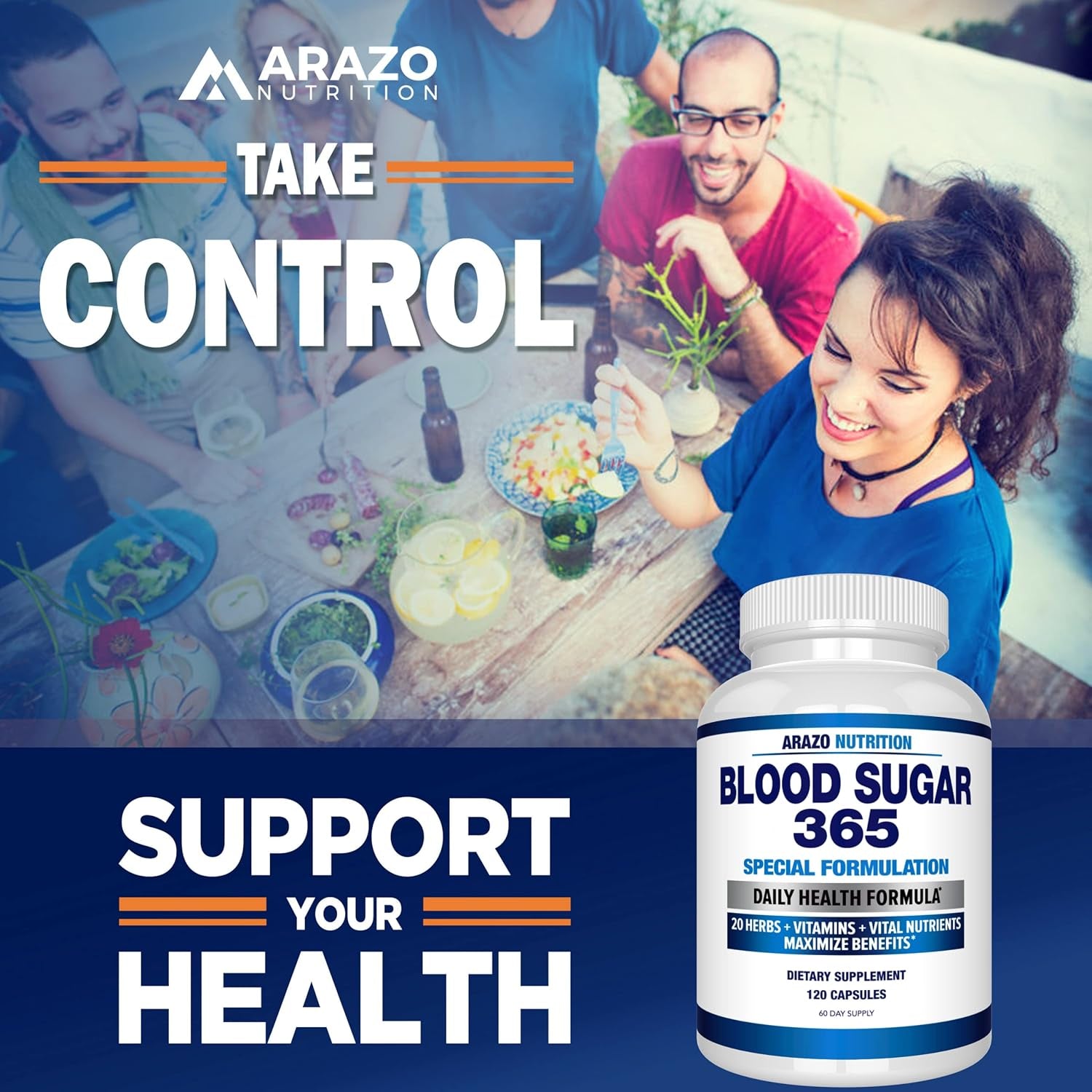 Arazo Nutrition Blood Sugar 365 Supplement – Supports Healthy Energy Levels - 120 Herbal Pills - 60 Day Supply