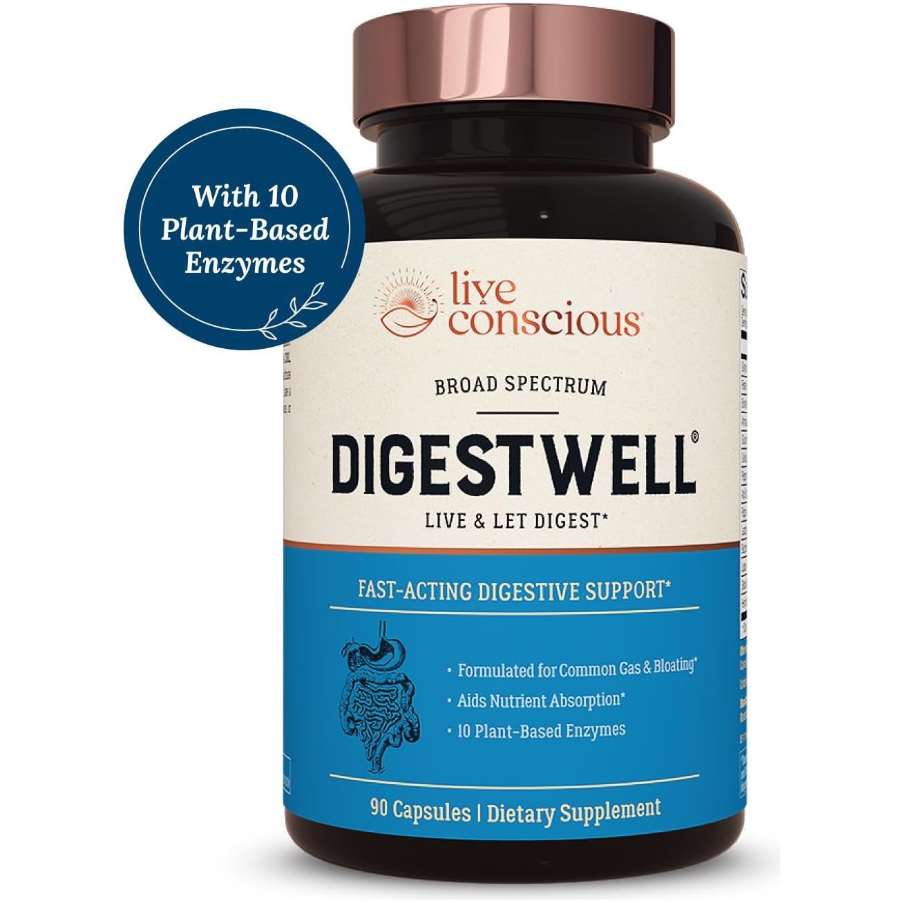 Live Conscious Digestwell Immediate Support - Fast-Acting Digestive Support Decreases Everyday Gas & Bloating - 90 Capsules