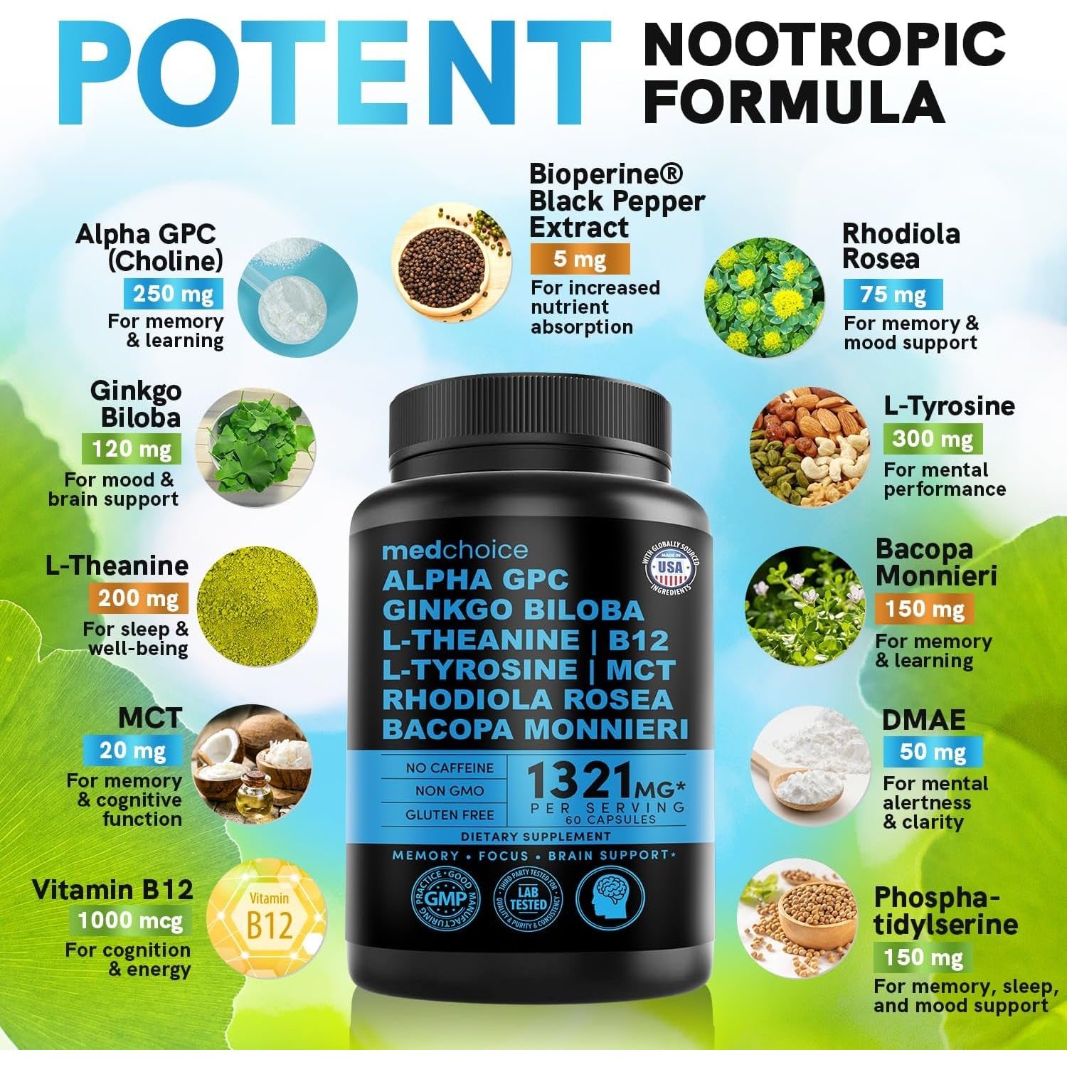 MEDCHOICE 11-In-1 Nootropic Brain Supplements for Memory, Focus and Brain Support 1321Mg, Stimulant Free, Vegan (60Count)