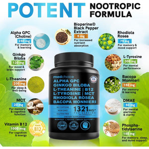 MEDCHOICE 11-In-1 Nootropic Brain Supplements for Memory, Focus and Brain Support 1321Mg, Stimulant Free, Vegan (60Count)