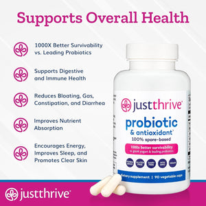 Just Thrive Probiotic & Antioxidant Supplement - 100% Spore-Based Digestive and Immune Support - 90 Caps