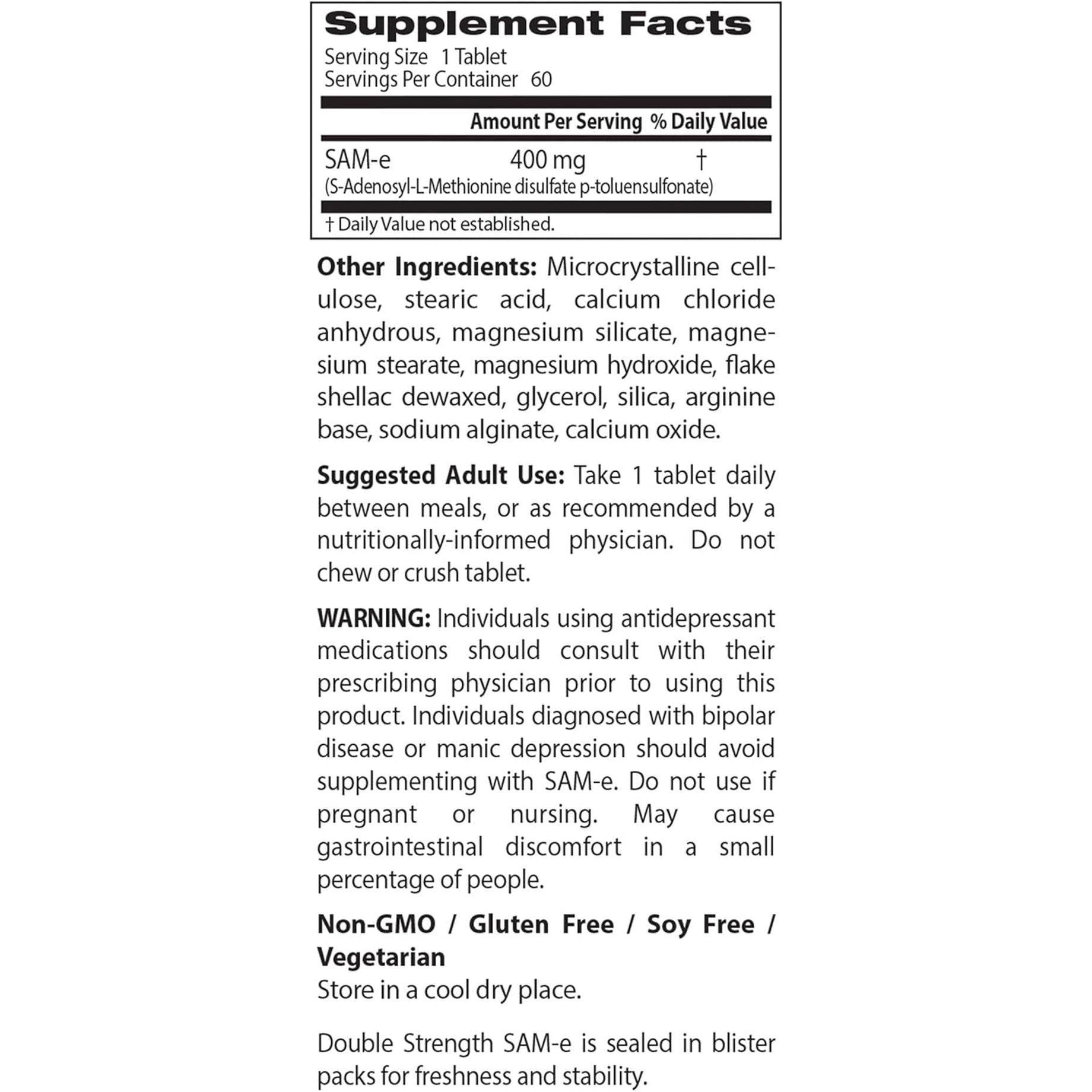 Doctor'S Best Sam-E 400 Mg, Vegan, Gluten Free, Soy Free, Mood and Joint Support, 60 Enteric Coated Tablets